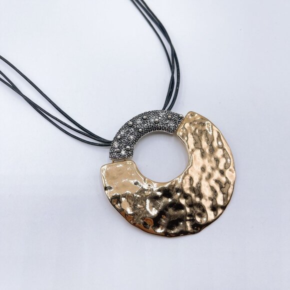 Chico's Hammered Gold Silver Tone Pendant Necklace Adjustable Black Cord - Picture 2 of 6